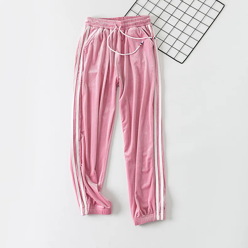 Pink Осенне-зимние повседневные бархатные штаны для женщин, модные свободные штаны-шаровары с боковой полосой и завязками, женские спортивные штаны Harajuku Jogger - Цвет: Pink
