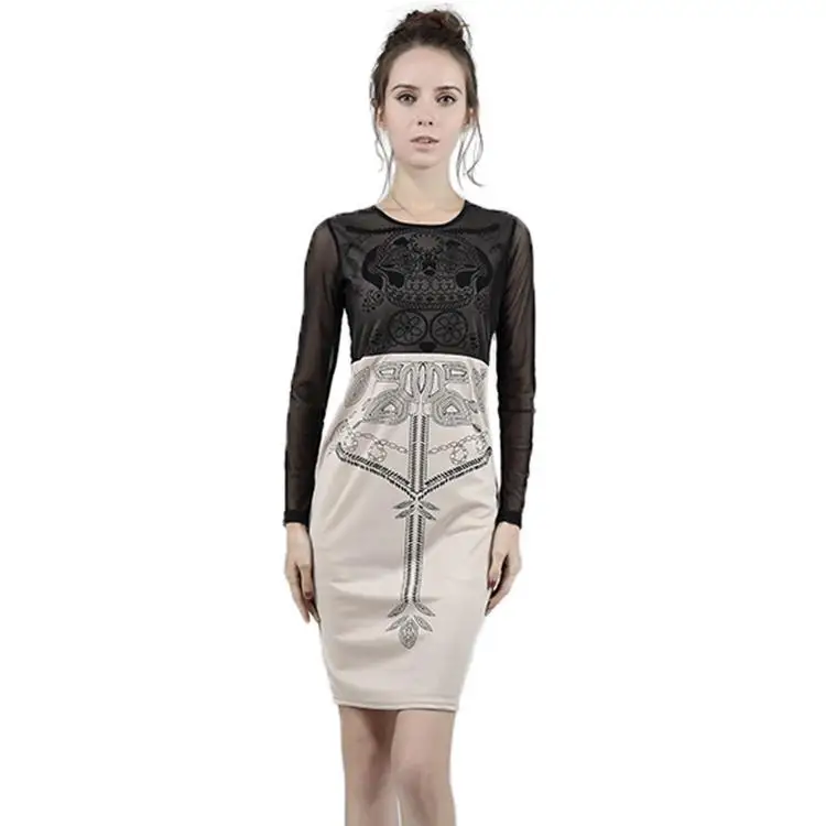 ChongXiao Женская О Длинным Рукавом Сетки Цветочный Принт Bodycon Дамы Карандаш Dress