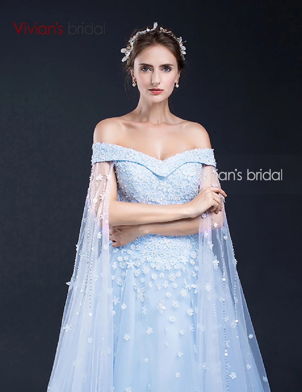 Vivian's Bridal синее свадебное платье 2016 Цветок без шнурка Кружева Тюль A Line