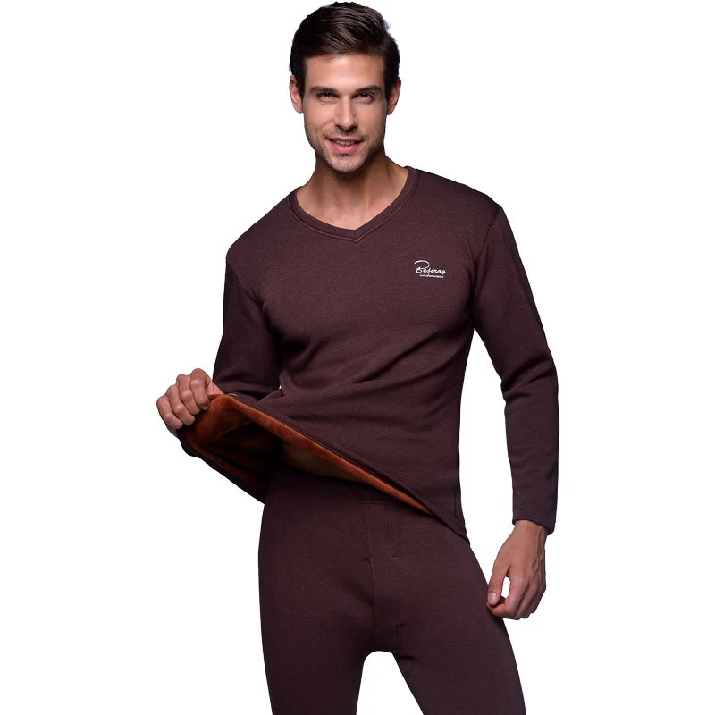 

Winter Warm Men's long johns Thick Thermal Underwear For men Solid V-Neck Plus Velvet Termo Clothes Tops+Pants Set Plus Size