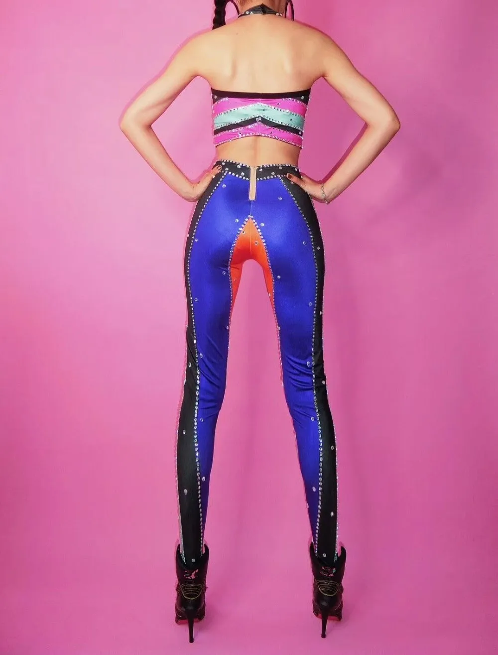 

Sexy Bar Female Crystals Costume Sleeveless halter top Colorful Stripe Trousers 2 piece sets Nightclub Singer Jazz Stage Outfit