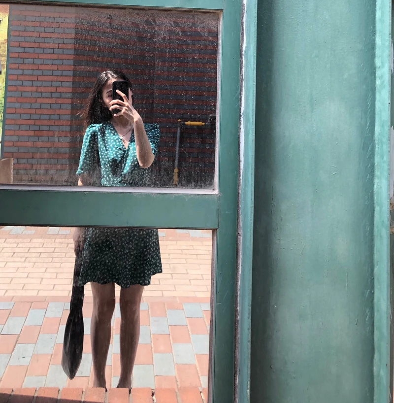 Летние шифоновые платья, женская мода, цветочный принт, праздник, дата, милые, милые, корейский, японский стиль, одежда, ТРАПЕЦИЕВИДНОЕ, маленькое платье зеленого цвета