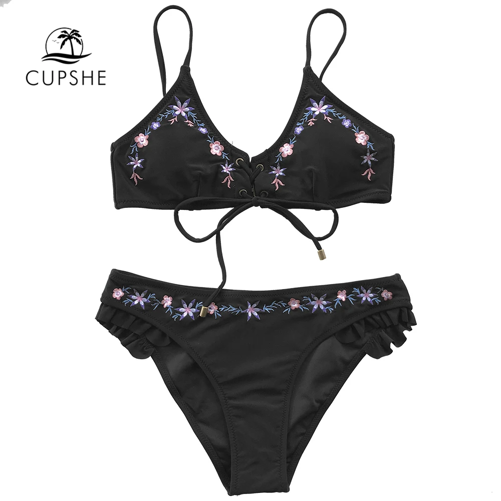 Женский купальник-бикини CUPSHE Sakura черный купальник с оборками на шнуровке для