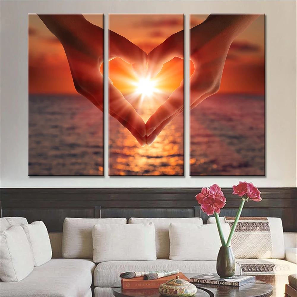 

Прямая поставка, 3 шт., картины на холсте в форме сердца с изображением жеста, заката, Морского Пейзажа, настенные картины для гостиной, домаш...
