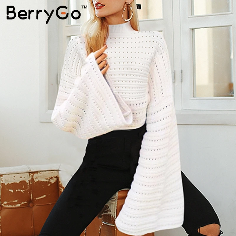 Женский вязаный свитер BerryGo белая водолазка с рукавом летучая мышь повседневные