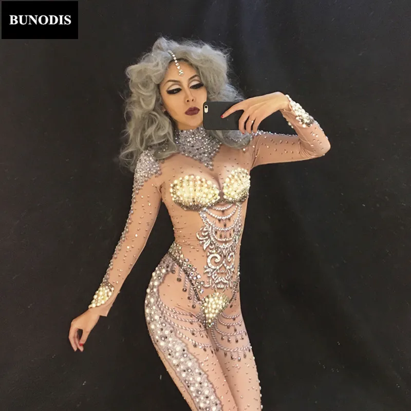 ZD114 Shell Women Sexy Jumpsuit Full Of Sparkling Crystals Stone Bodysuit Birthday Celebrate Nightclub Performance Stage Costume