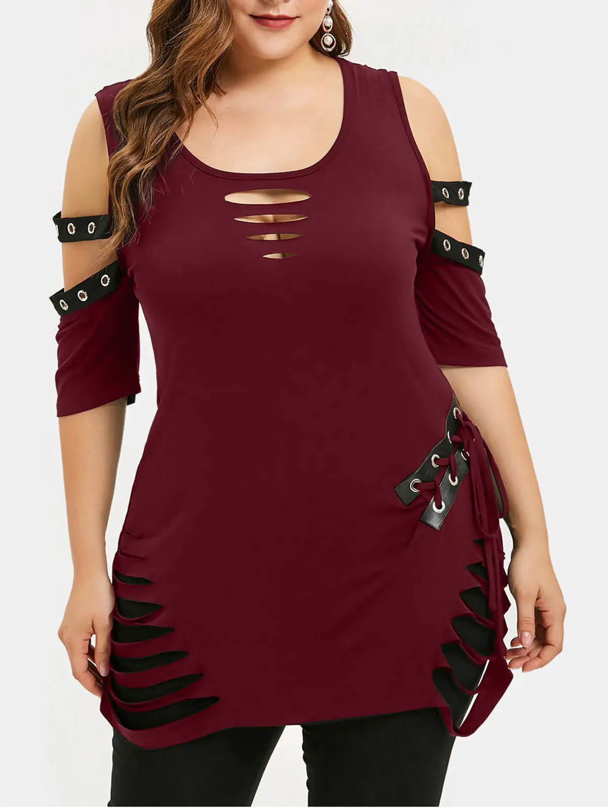 ROSEGAL Plus Size Cold Shoulder Lace Up Ripped T-shirt Long Scoop Neck Cut Out Women T-Shirts Solid Gothic Summer Sexy Tees