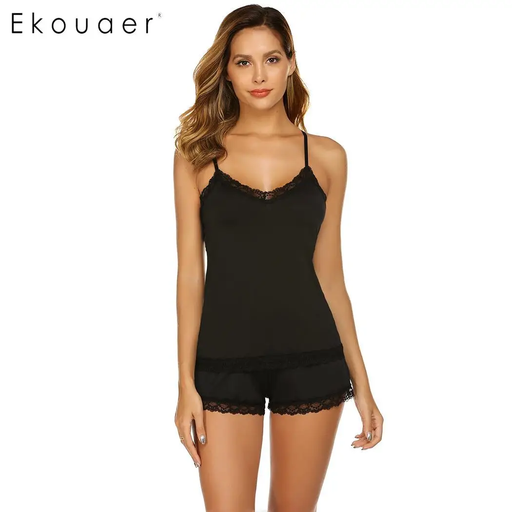 Ekouaer Women Sexy Spaghetti Strap Lingerie Pajamas Set Lace Patchwork Summer Sleepwear Two Piece Pajama Homewear Suits