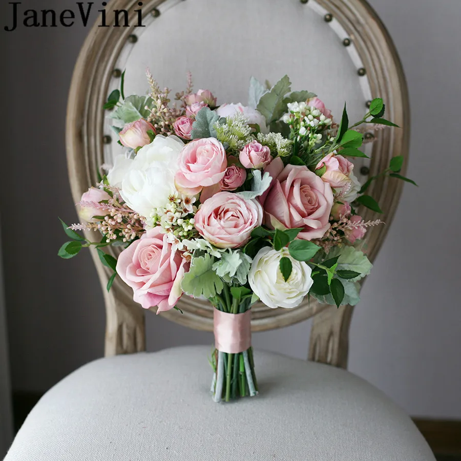 JaneVini Artificial Blush Pink Bride Bouquet Rose Vintage White Peony Silk Flower Wedding Bouquets Fake Bridal Brooch Holder | Свадьбы и