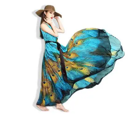 Женщины богемия печать шифоновое платье супер павлин пляж | Женская одежда