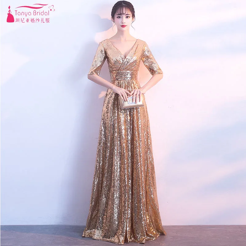 Vestido de madrinha casamento longo 2018 Новое сексуальное Золотое платье подружки невесты с v