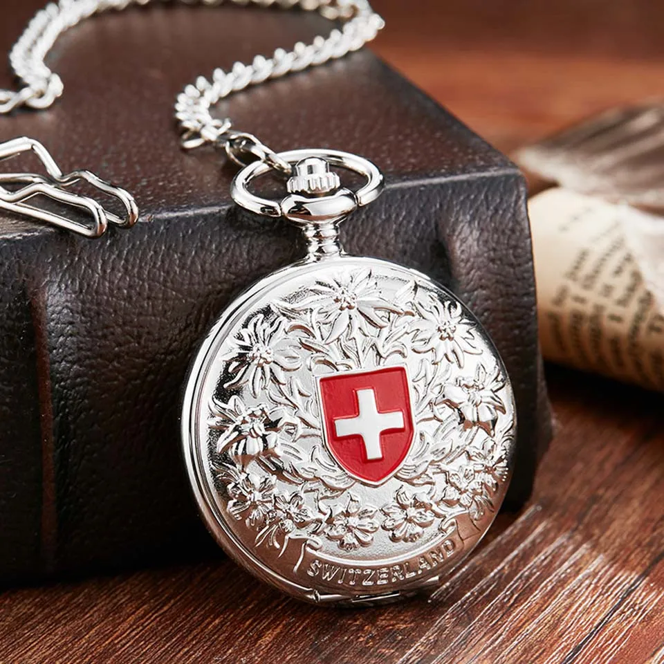 Механические карманные часы в стиле ретро Швейцария Красный Крест Серебристые