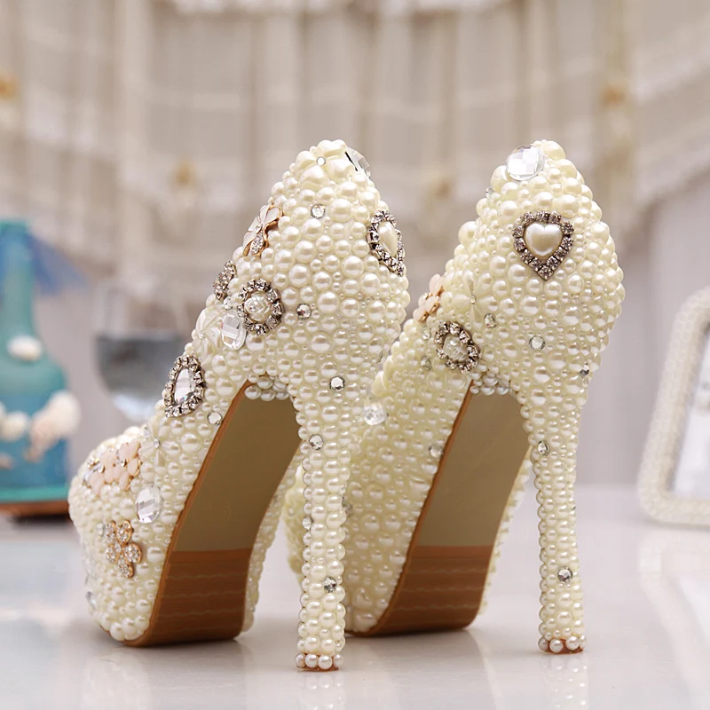 Туфли женские с жемчугом высокий каблук круглый носок шпилька платформа