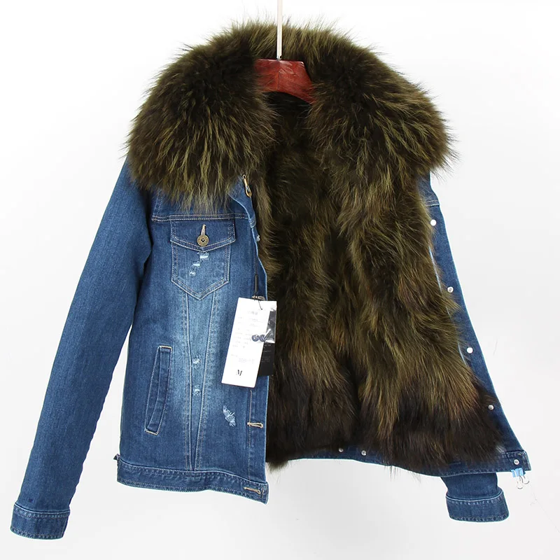 Maomaokong2018 new Natural raccoon fur detachable lining Real raccoon fur collar denim jacket Woman's hole cowboy Short coat - Цвет: 10