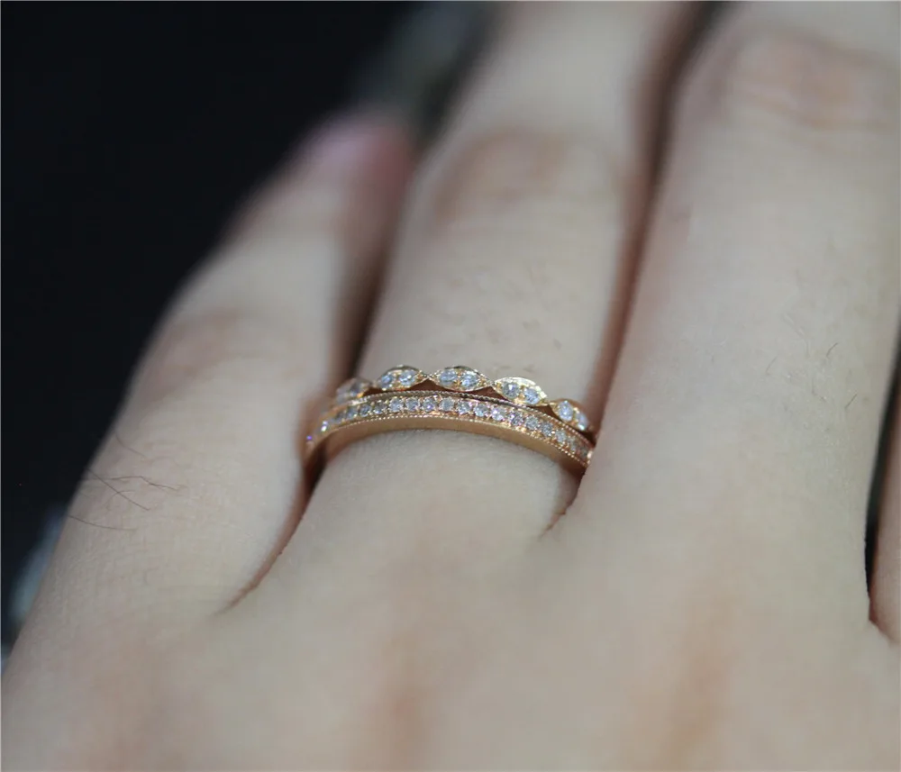 DUPUY 2pcs 14K Rose Gold Wedding Ring Set Art Deco Half Eternity Diamonds Band Milgrain Bezel Match Bridal | Украшения и