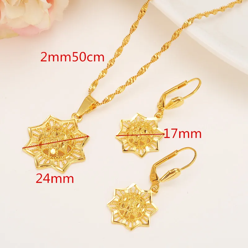 

Ethiopian 14 k Yellow Solid Fine Gold GF Filled set Jewelry Anise Pendant Chain Earrings African Bride Wedding Flower Bijoux
