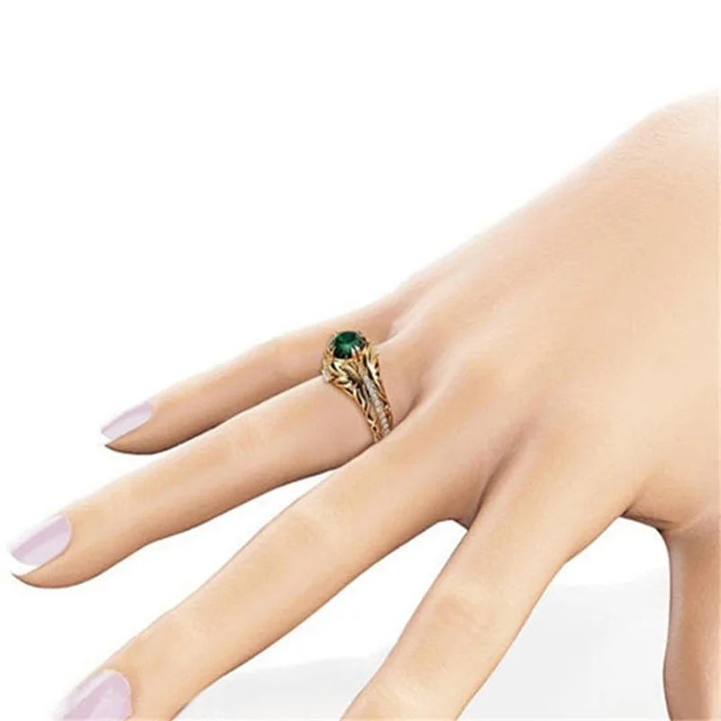 

OMHXZJ Wholesale European Fashion Woman Man Party Wedding Gift Round Emerald AAA Zircon 14KT Yellow Gold Ring RR797