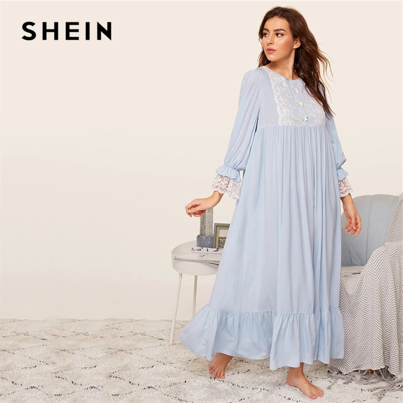 SHEIN Длинная Ночная Рубашка С Кружевными Рукавами Пижама Длинными