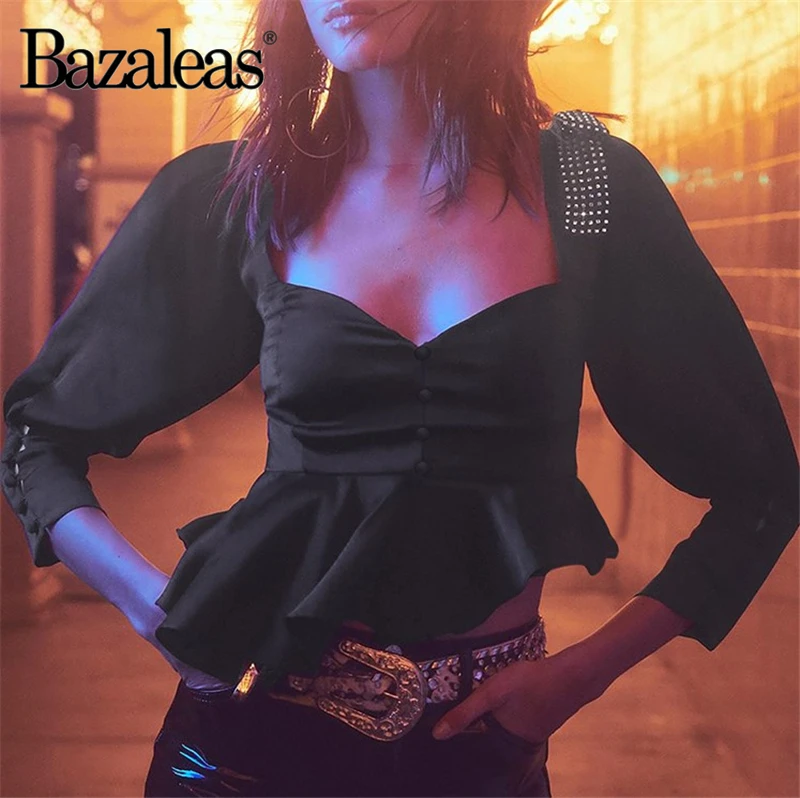 Женские топы и блузки Bazaleas черные Лоскутные Блузы на пуговицах с длинным рукавом