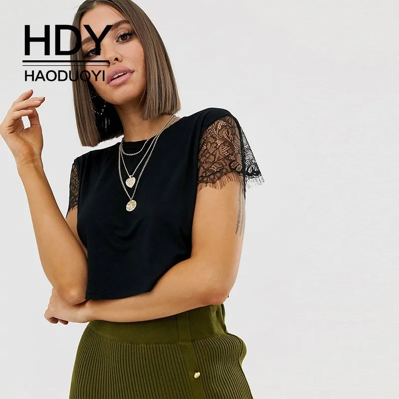Футболка HDY Haoduoyi простая футболка для отдыха с круглыми воротниками и кружевными