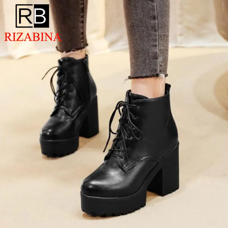 RizaBina/Размеры 33-44; ботильоны; женская зимняя обувь на меху; женские ботинки на платформе; модные мотоботы на высоком каблуке со шнуровкой