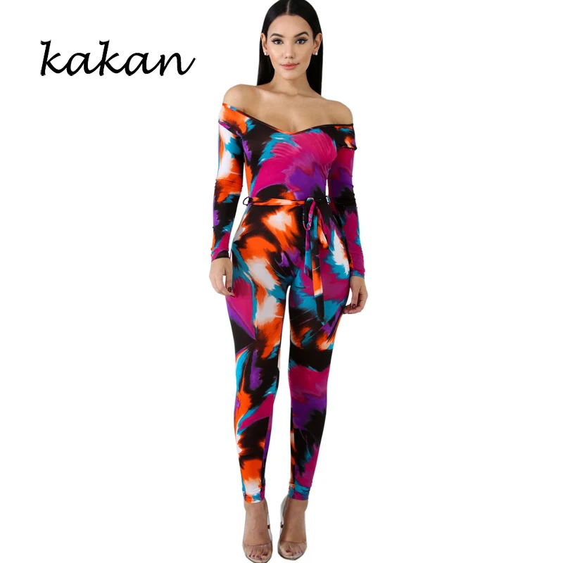 

Kakan spring new women's print one-piece tights nightclub sexy tights jumpsuit nine pants color jumpsuit with belt