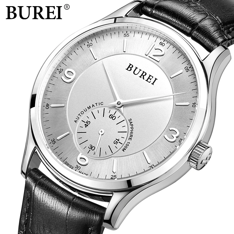 BUREI Модные мужские повседневные часы спортивные из натуральной кожи кварцевые