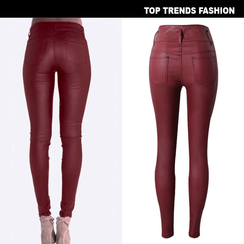 2019 High Waist Pants Wine Red PU Leather Skinny Pencil Full-Length Coated Stretchable Fashion Sexy Women |