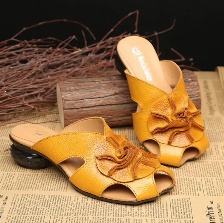 2021 Summer New Cold Slippers Female Genuine Leather Shoes Baotou Hollow Handmade Slippers Girl