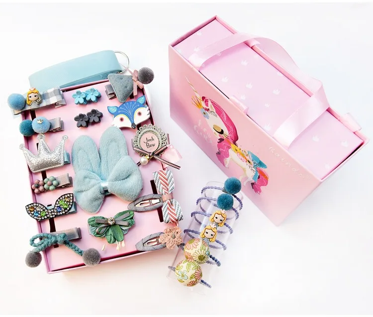 24pcs/lot Children girls hair Accessories Headwear Gift box Ribbon Bow Rabbit Hair clip ties Princess Crown barrette | Детская одежда и