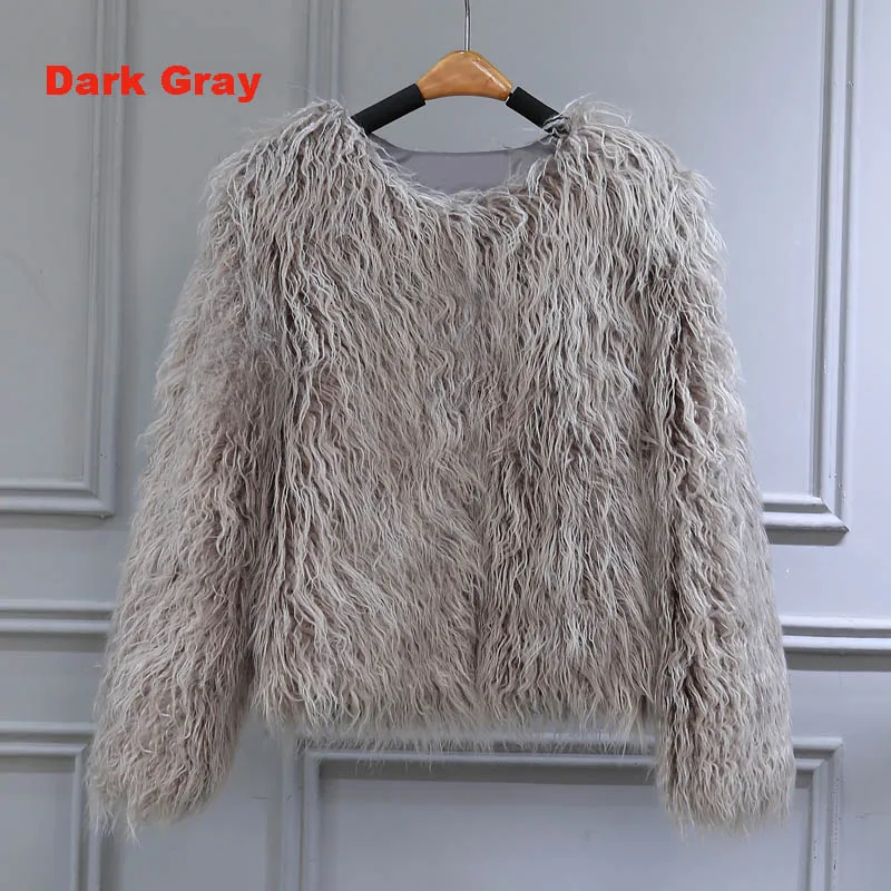 dark gray Женские зимние куртки, пальто, Монгольская овца, искусственный мех, черная пушистая куртка, пальто, утолщенная, теплая, с длинным рукавом, роскошная, меховая верхняя одежда - Цвет: dark gray