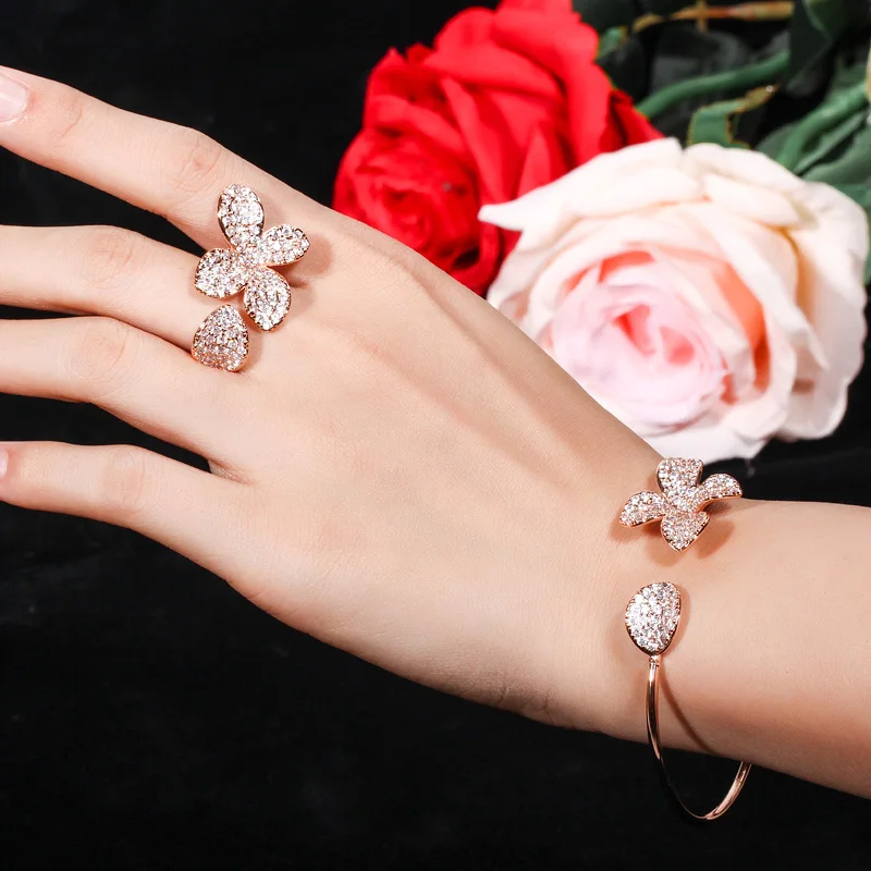 CWWZircons Adjustable Size Full Cubic Zirconia Rose Gold Color Flower Leaf Cuff Bangle Bracelet and Ring Sets for Women T071|Ювелирные