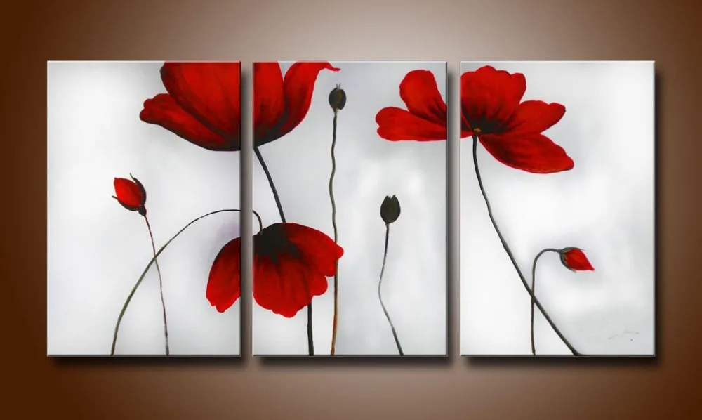 

Cherish Art 100% Hand Painted Abstract Oil Painting Fiery-red Blooming Flowers 3 Panels Wall Art For Home Decoration
