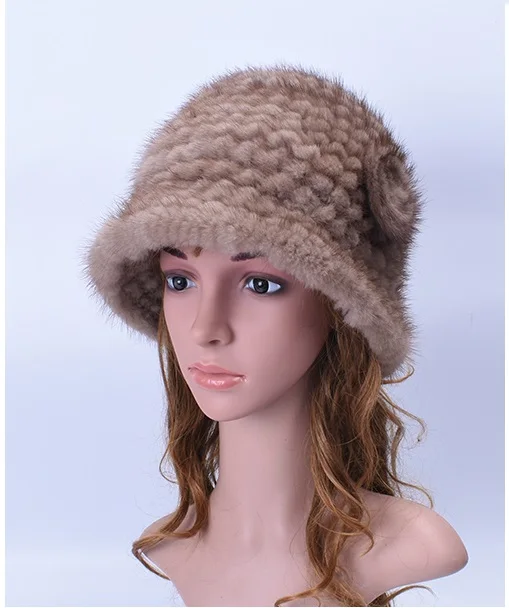 light brown Зима реального норки меховые шапки женские головные уборы шляпы белая шляпа Федора Женские винтажные женские трикотажные теплые меховые Шапки H218 - Цвет: light brown