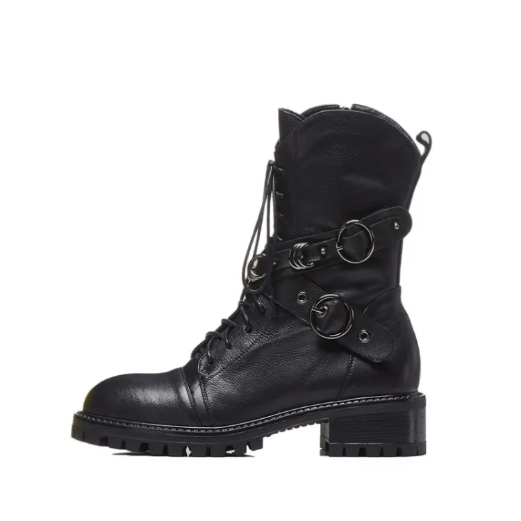 

MLJUESE 2019 women ankle boots cow leather lace up Metal decoration winter fur short plush low heel female boots