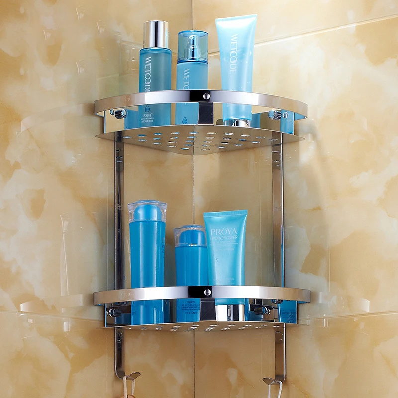 

Wall Mounted Bathroom Shelves Stainless Steel Chrome Bathroom shelf Dual Tier Showroom Basket Bathroom Accessories