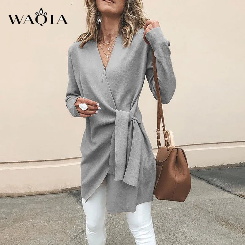 WAQIA 2018 зимнее длинное пальто с поясом из смесовой шерсти Осень v-образный вырез