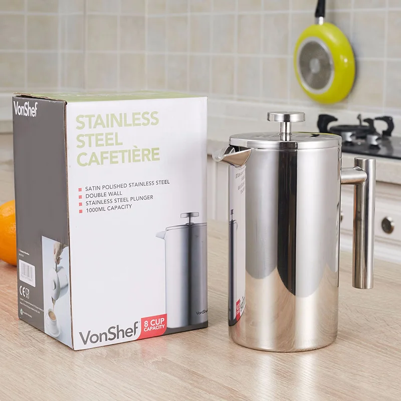 Europe Style Stainless Steel French Press Pot Creative Household High Grade Double Coffee Thermos Free Shipping | Дом и сад