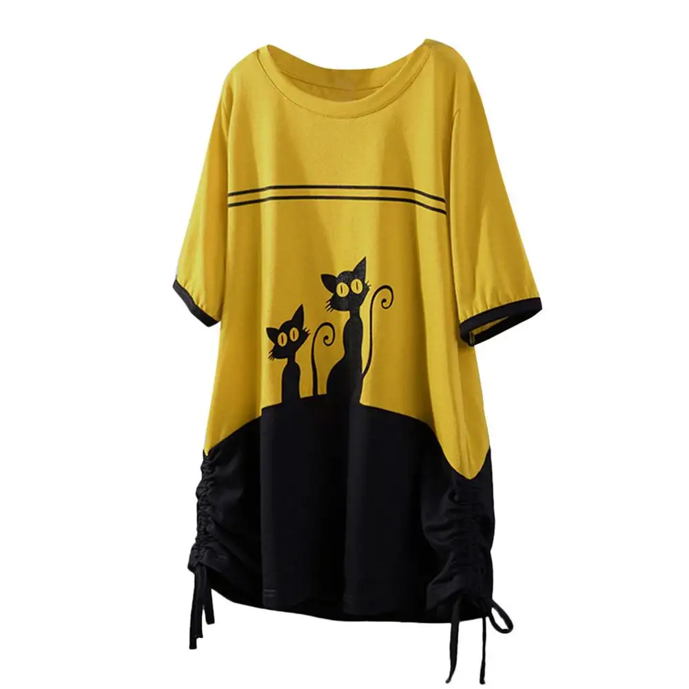 Цвет: желтый Camiseta mujer talla grande, большие размеры, женская вышитая блузка с короткими рукавами и принтом кота, блузка с кулиской, футболка с рисунком животных из мультфильмов - Цвет: Цвет: желтый