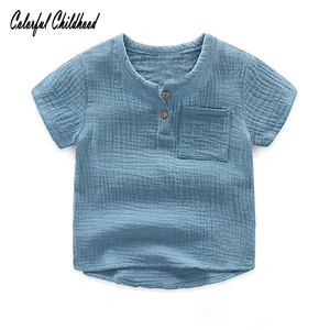 Рубашки для маленьких мальчиков, хлопковаяльняная футболка для мальчиков, школьные рубашки с коротким рукавом для мальчиков, детская повседневная верхняя одежда, 2-10 лет