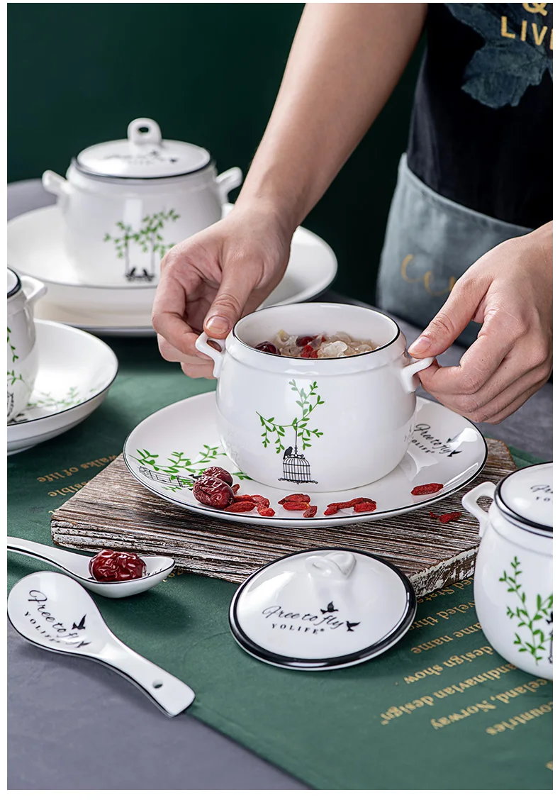 450 мл мультяшная чашка простой, маленький, стиль фарфоровая посуда Tureen кухонная чашка для супа гнездо десерт Медленная Плита суп с крышками