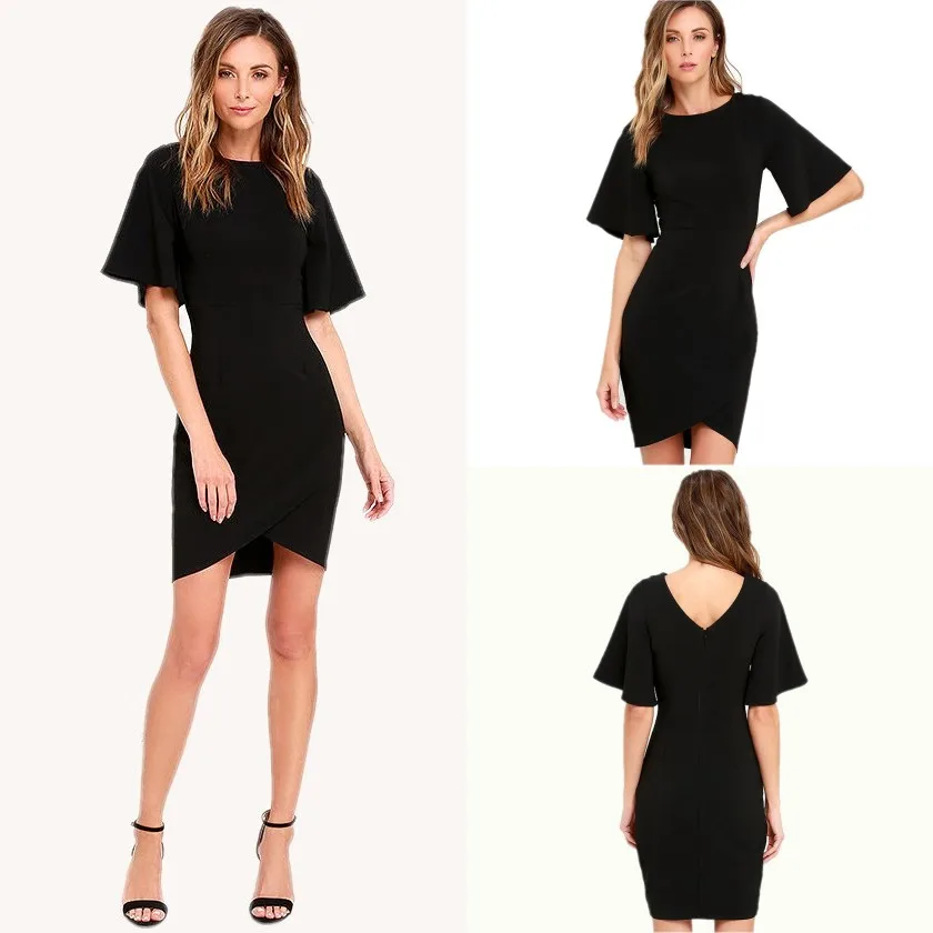 FD3481 Lady Elegant Half Flare Sleeve Knee Dress Vestidos Robe Asymmetrical Hem Ruched Slim Waist Solid Black Smart Dresses | Женская