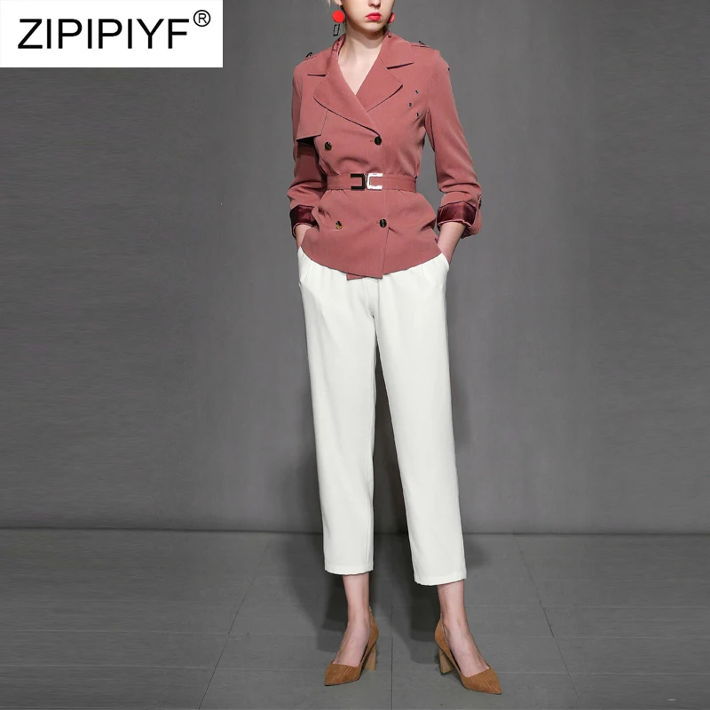 Женские повседневные комплекты с отложным воротником облегающие длинные брюки