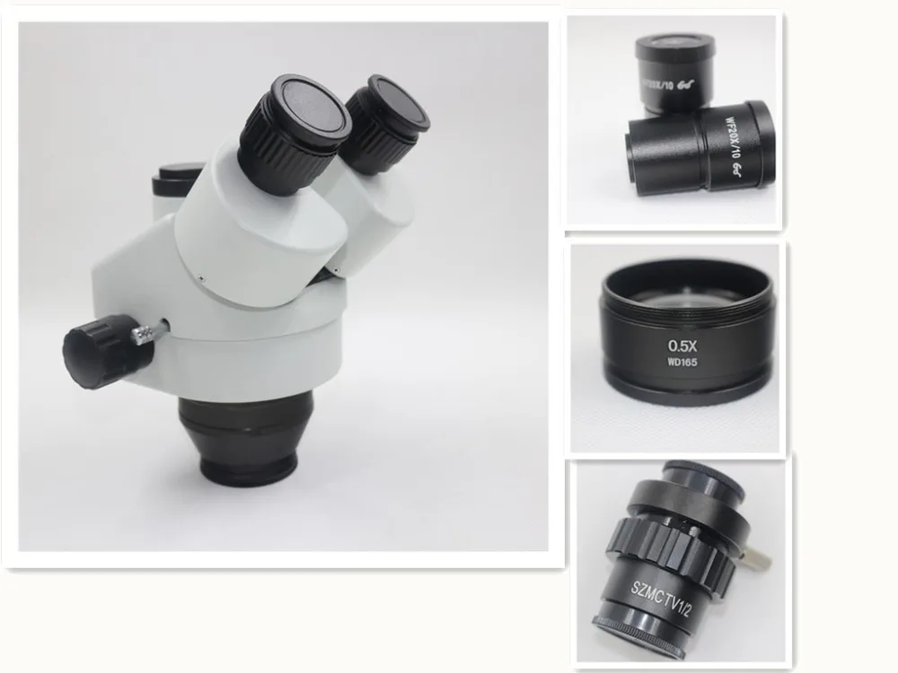 

SZM7045 7X-90X Trinocular Stereo Zoom Microscope Head with 20X Eyepeices 1/2 CTV Adapter 0.5X Auxiliary Objective