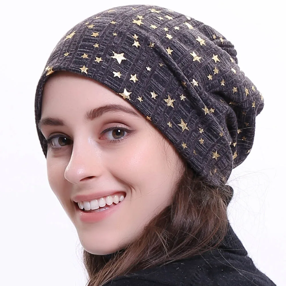 

Geebro Women's Bronzing Star Beanies Hat Spring Cotton Slouchy Beanie for Women Ladies Comfortable Skullies Hats Bonnets Cap