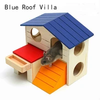wooden hamster toy supplies blue roof villa hamster chalet small pet toy molar decompression blue roof villa