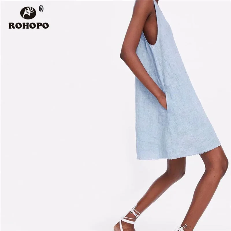 ROHOPO Sky Blue Linen Cotton Sleeveless Baggy Dress Summer Female Chic Trim Flared Mini Girl Breathable Dresses #AZ9254 | Женская одежда