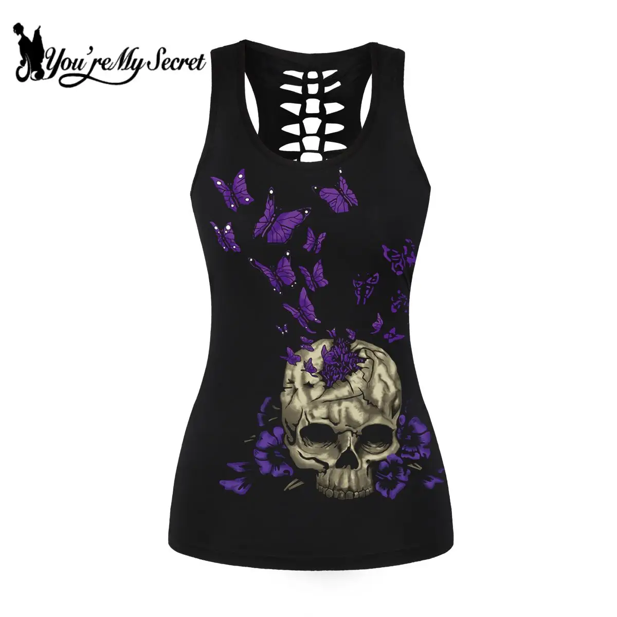 

[You're My Secret] Skull Butterfly Print Tank Top For Women Gothic Hollow Out Slim Vest Sexy Summer Tops Sleeveless