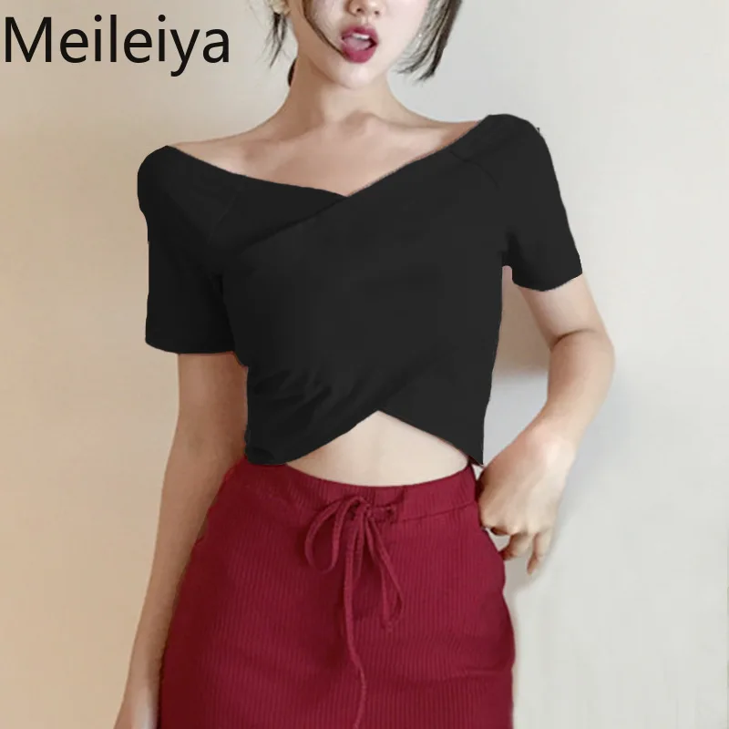 Сексуальный короткий топ с v-образным вырезом и высокой талией женская футболка