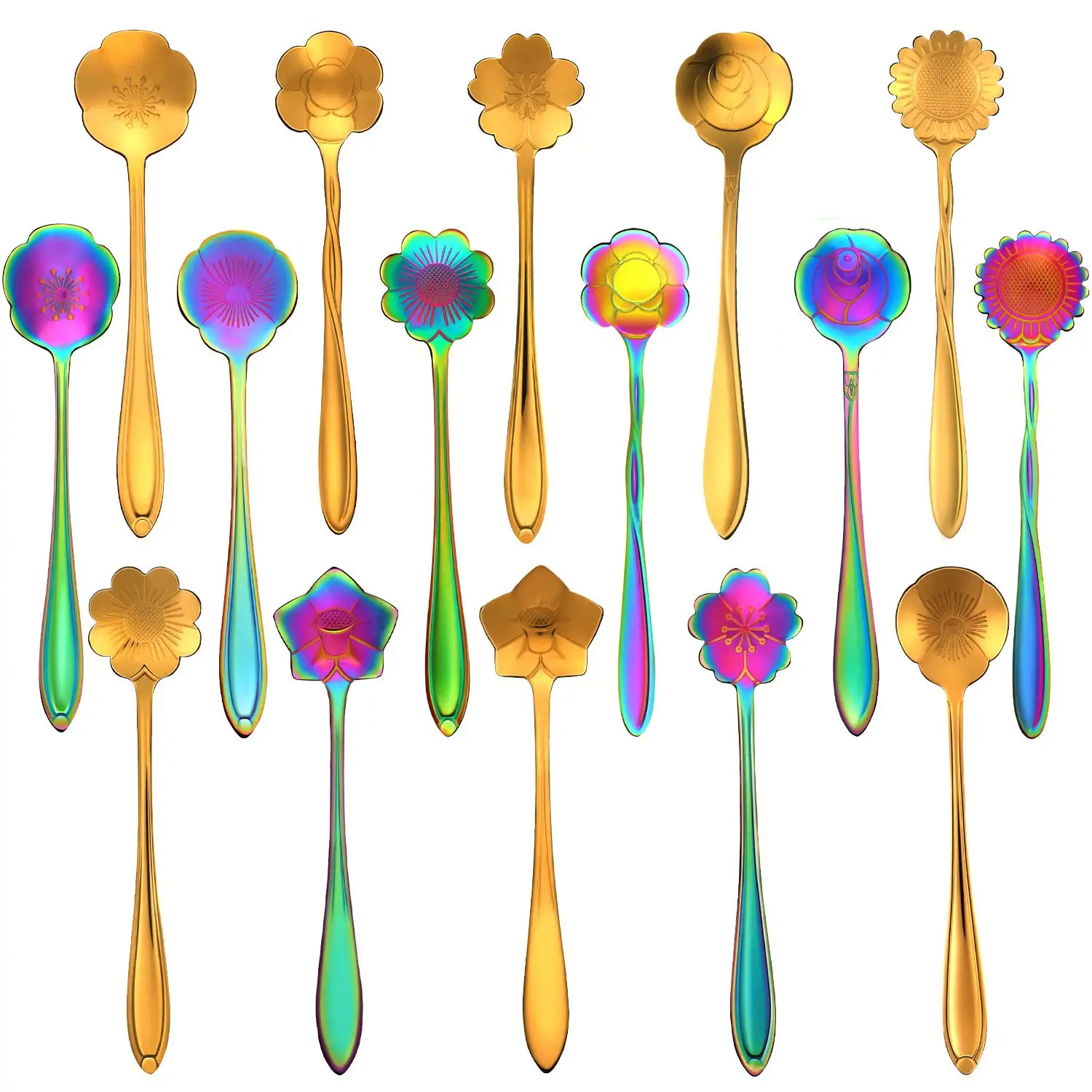 16 штук набор чайных ложек с цветами радужные чайные ложки золотые для кофейных